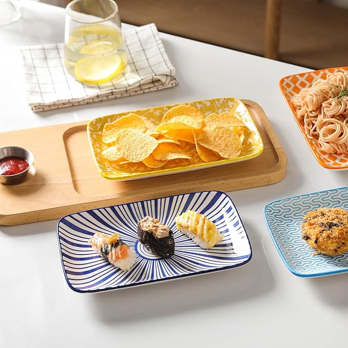 Selamica Ceramic Rectangular Salad Plates Set, Dinner Plate 9.4 Inch Dessert Plates for Party Entertaining, Small Serving Plates for Appetizers, Sushi, Fruit, Set of 4, Assorted Colors