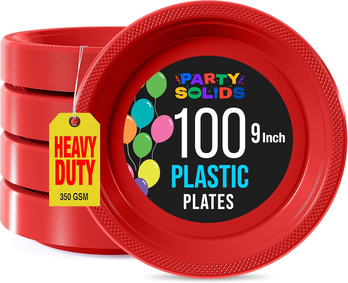 Exquisite Party Solids Red Plastic Plates For Party 9" Red Disposable Plates Heavy Duty Supplies 100 Pcs Plastic Dinnerware Sets Heavy Duty 350 GSM Disposable Dinnerware Set