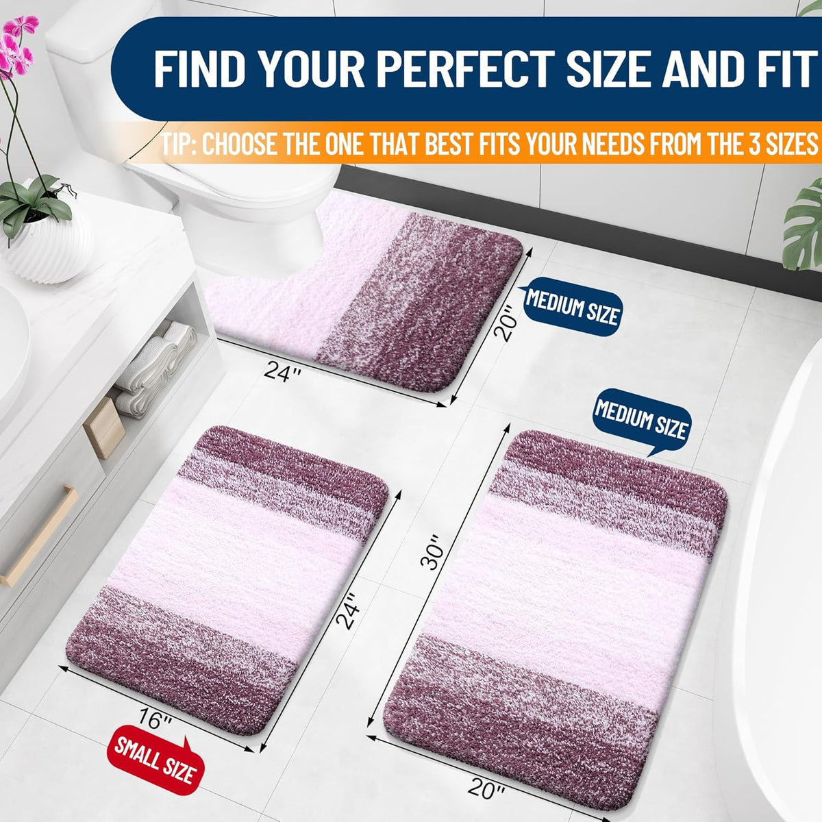 OLANLY Luxury Toilet Rugs U-Shaped 24x20, Extra Soft and Absorbent Microfiber Bathroom Rugs, Non-Slip Plush Shaggy Bath Mat, Machine Wash Dry, Contour Bathroom Mats for Toilet Base, Mauve