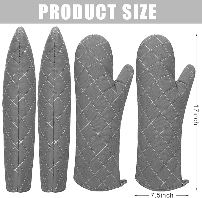 2 Pairs 17 Inch Extra Long Oven Mitts Heat Resistant Cotton Lining Oven Thick Gloves Kitchen Food Service Mittens for Pot Holders Cooking Baking BBQ, up to 482f (Grey)