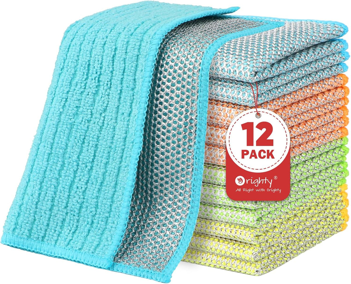 Orighty Multipurpose Wire Dishwashing Rag 12 Pcs, Upgraded Double-Layer Non-Scratch Wire Dish Cleaning Cloths, Kitchen Reusable Steel Scrubber, Powerful Dishcloth Rag for Cookware, Multicolor, 7"x8"