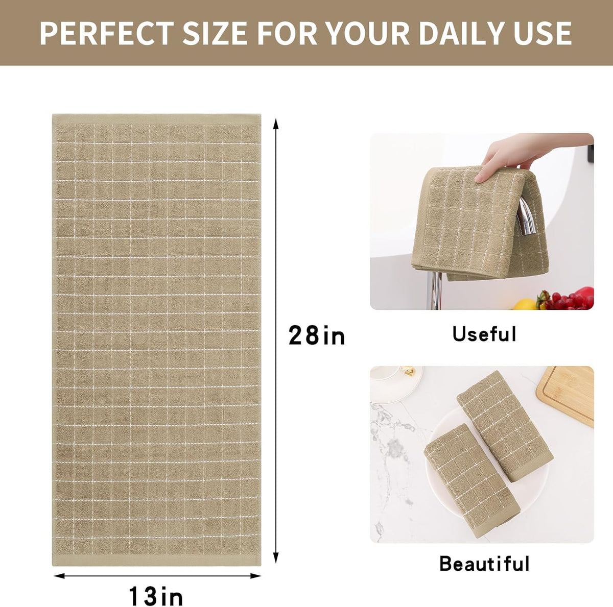 Homaxy 100% Cotton Terry Kitchen Towels(Tan, 13 x 28 inches), Checkered Designed, Soft and Super Absorbent Dish Towels, 12 Pack