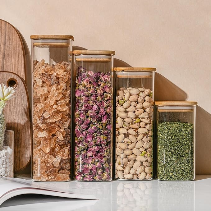 64oz Rectangle Airtight Glass Storage Containers with Bamboo Lids (Set of 3), Square Food Storage Jar, Pantry Organizers for Cereal, Flour, Pasta and Coffee beans (‎with Black Lable)