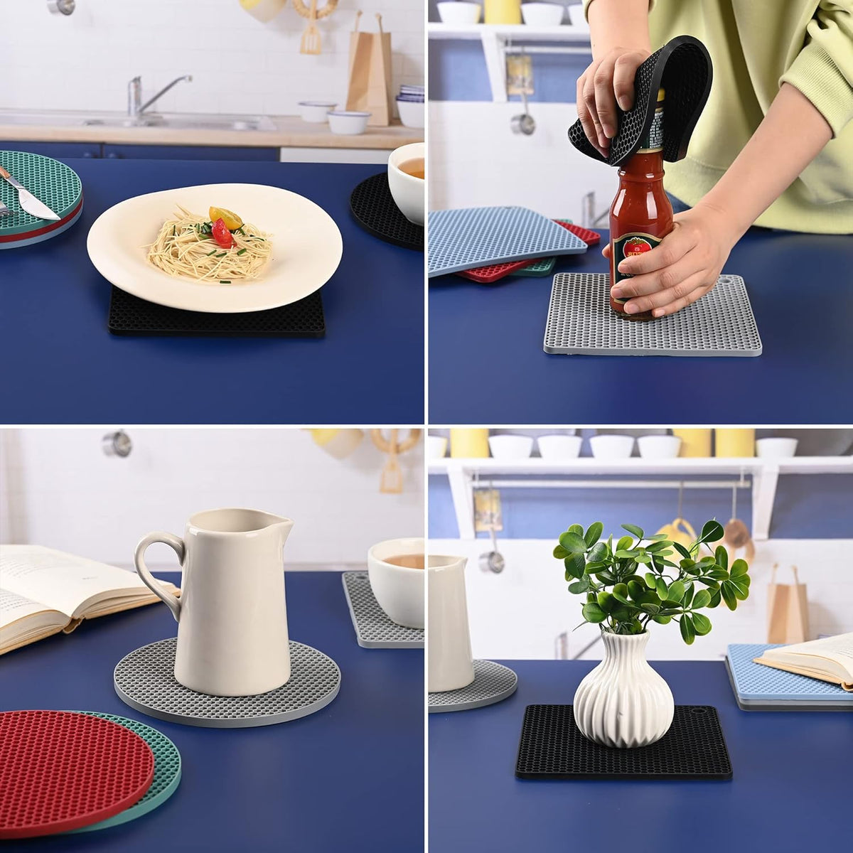 Silicone Trivets for Hot Dishes, Trivet Mat Hot Pads for Kitchen, Silicone Pot Holders for Kitchen, Trivets for Hot Pots and Pans, Heat Resistant Mats for Quartz Countertops, Set 4 Dark Gray