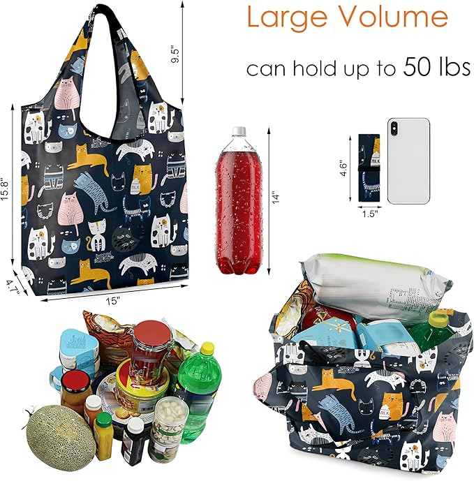 BeeGreen 6 Pack Cats Reusable Grocery Bags Gifts for Cat Lovers with Elastic Band Reusable Shopping Bags Bulk 50LBS X-Large Foldable-Machine Washable-Heavy Duty