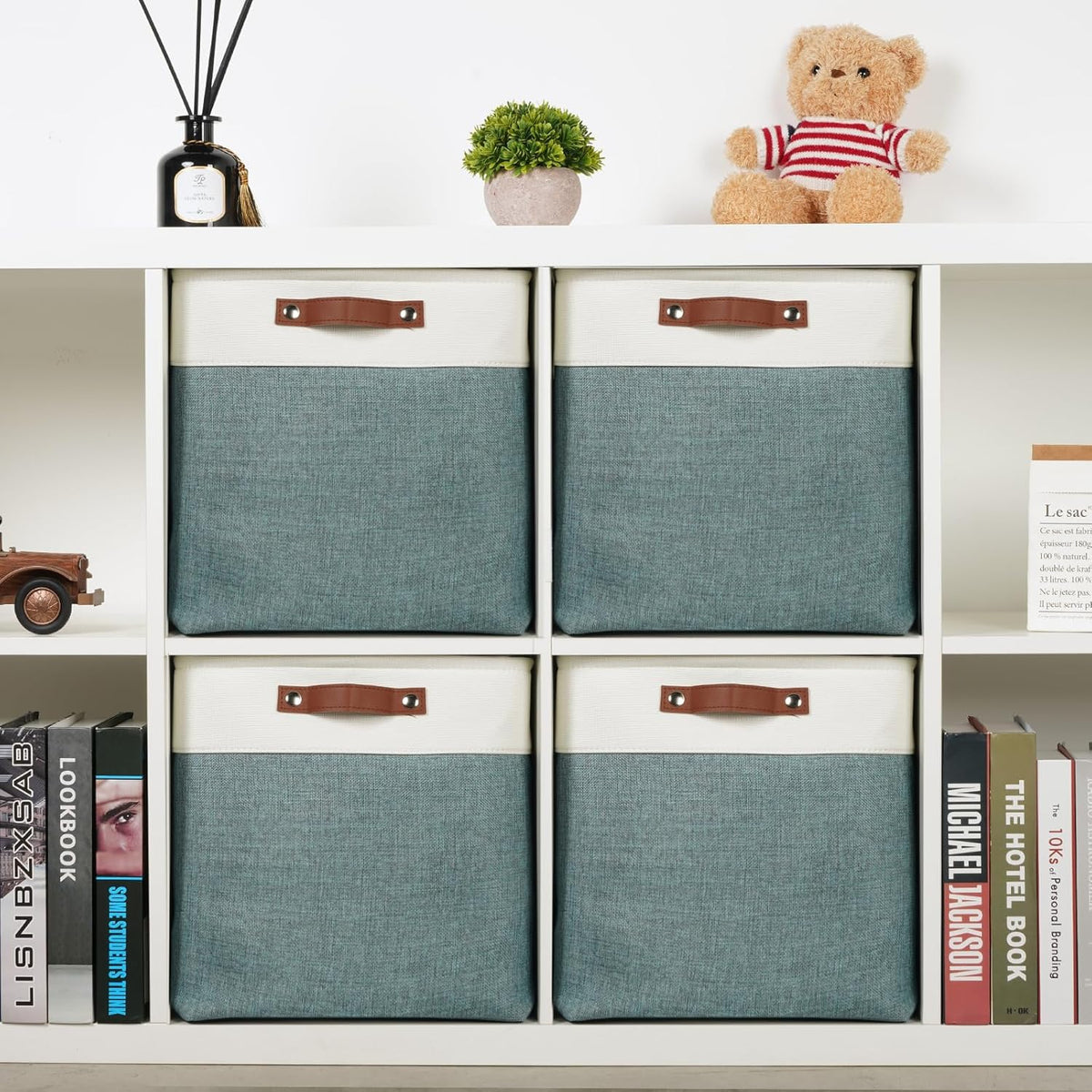 DULLEMELO Storage Bins, 4 Pack Of 13x13x13 Decorative Storage Cube Bins Suit Office, Home, Shelves And Closet, Stackale Gift Baskets Empty with Leather handle (White&Deep Green)