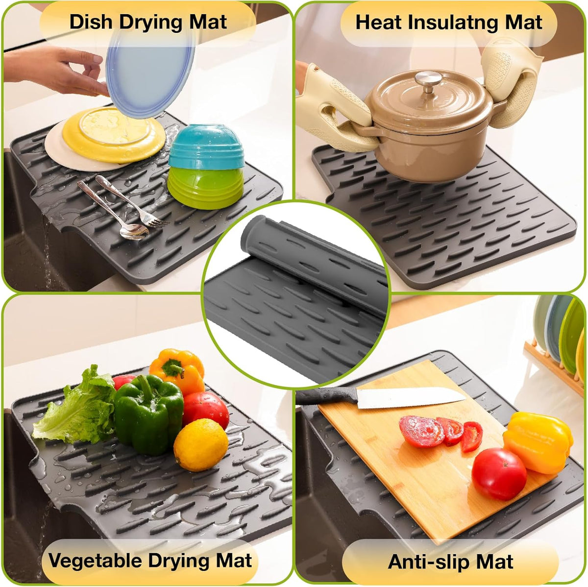 CHIKILLA Silicone Dish Drying Mat for Kitchen Counter, Fast Drainage Design for Vegetables Fruits, Heat Resistant, Non-Slip , Dishwasher Safe – 15.7x13 inch Graphite Gray