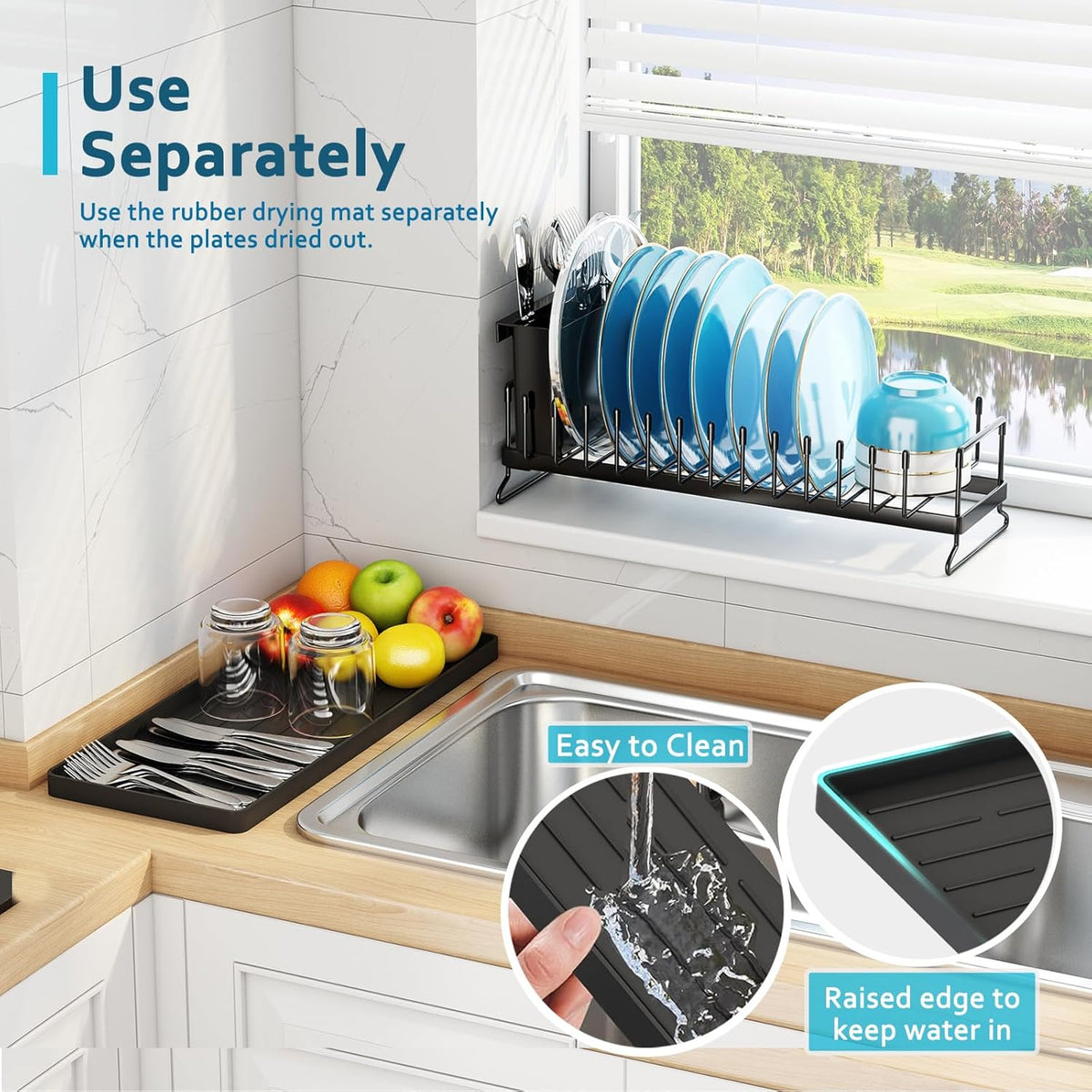 ANTOPY Small Dish Drying Rack - Compact Dish Rack for Kitchen Counter with Silicone Dish Drying Mat, Stainless Steel Dish Drainer for Kitchen Sink Cabinet, Space Saving Plate Rack Cutlery Holder