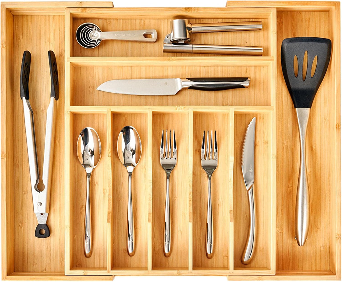 Umilife Large Expandable Kitchen Silverware Utensils Drawer Organizer, 2.5" Extra High Adjustable Drawer Divider with Curved Grooves, Bamboo Wood Cutlery Tray Flatware Holder