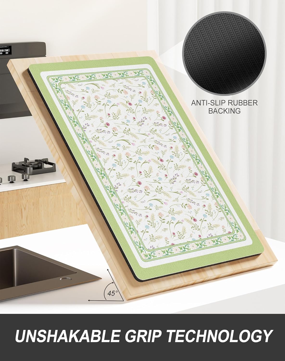 Rnivvi Dish Drying Mat for Kitchen Counter, 12 x 19" Cute Flower Theme Super Absorbent Draining Pad, Non-Slip Heat Resistant Coffee Bar Mat for Coffee Machine Station Accessories, Green Dish Rack Pad