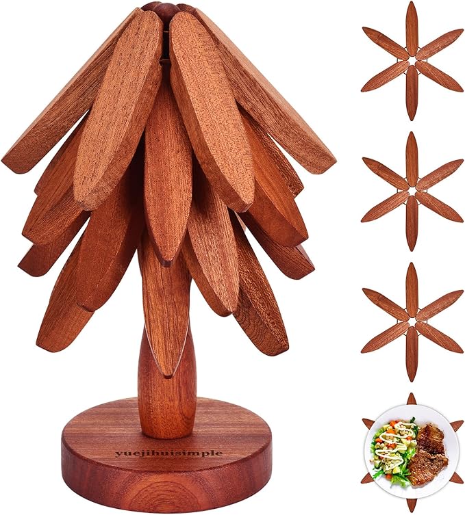 Trivets for Hot Dishes，Tree Shape Trivet Set,4 Wooden Trivets + 1 Stand， Heat-Resistant Foldable Wooden Tree Trivet Set for Pot、Bowl、Teapot、Hot Pot Holder