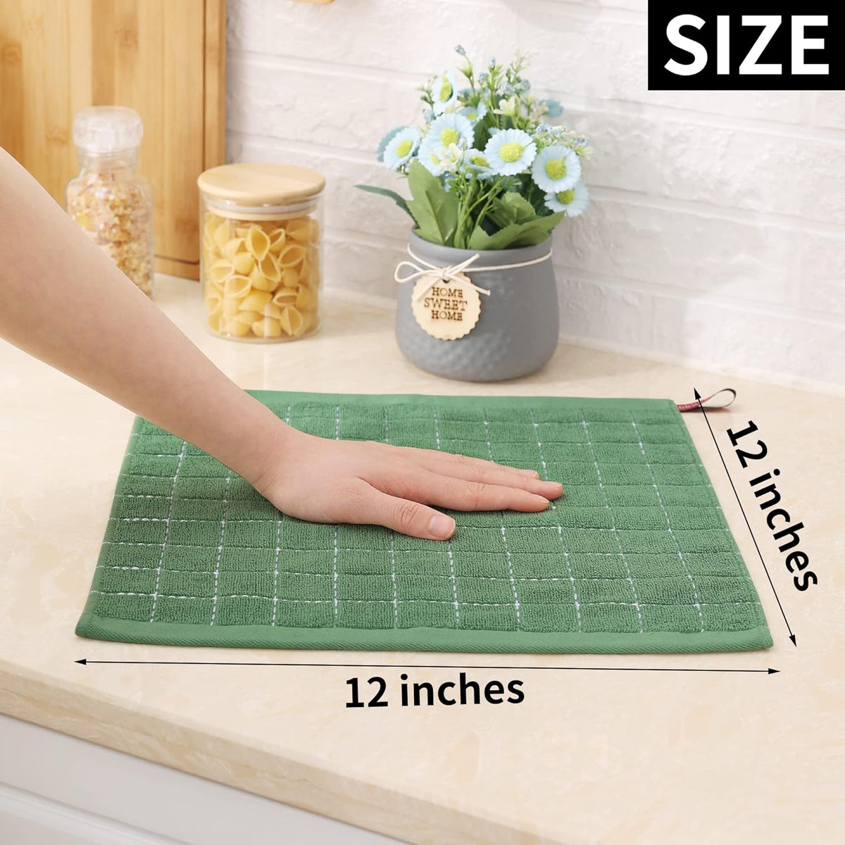 Homaxy 100% Cotton Terry Kitchen Dish Cloths, Ultra Soft and Absorbent Dish Towels for Kitchen, Suitable for Drying and Washing Dishes, 6 Pack, 12 x 12 Inches, Grass Green