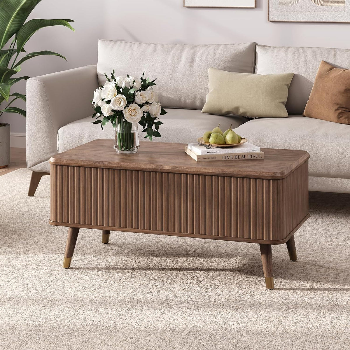 Lift Top Coffee Table, Mid Century Modern Coffee Table with Hidden Storage Compartment, 38" Fluted Center Table for Living Room, Home Office, Walnut