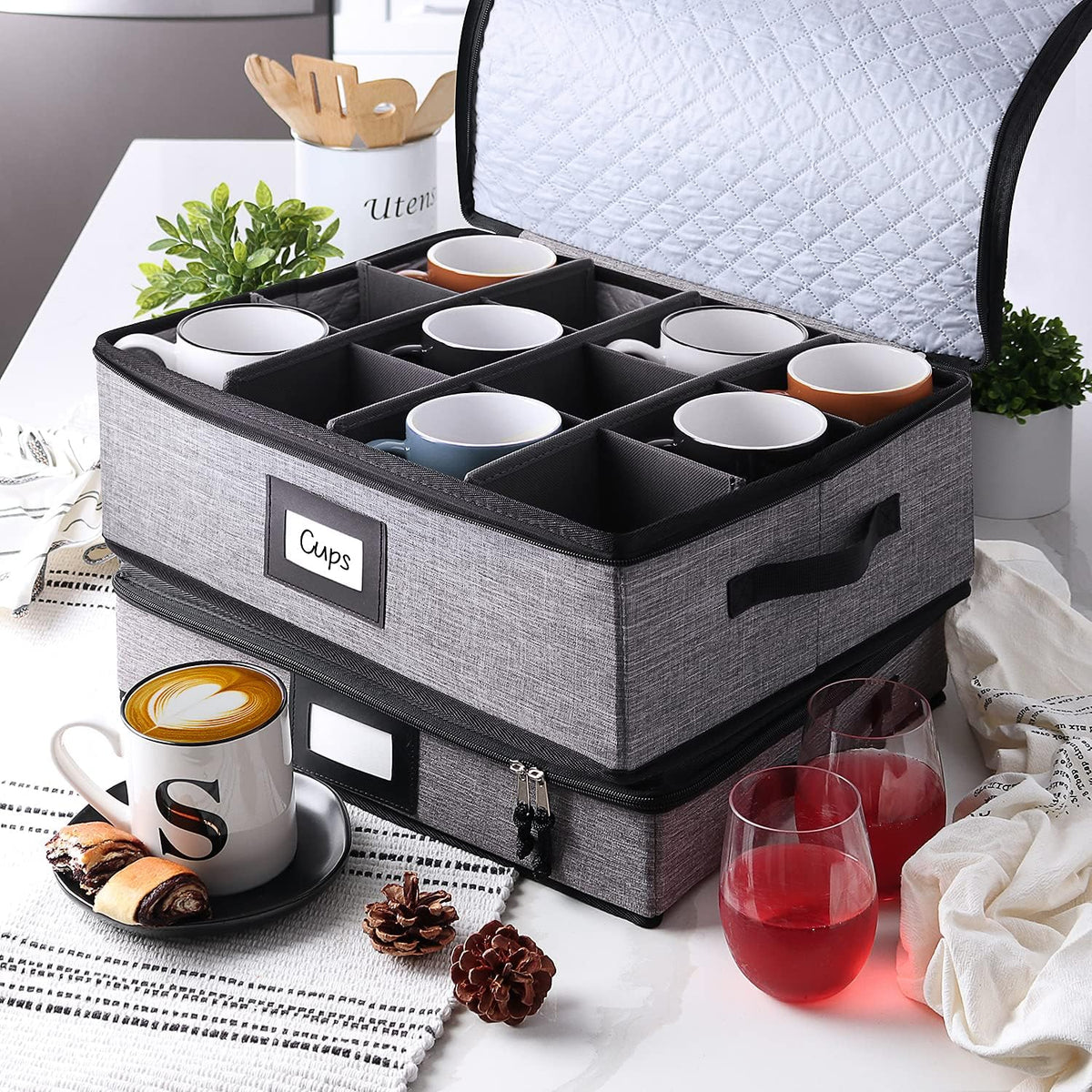 Coffee Mug Storage, 2 Pack Quilted and Stackable Coffee Cup Storage Organizer for Service of 24, Mug Storage Box with Dividers, China Containers Hard Shell for Moving and Organization, Grey
