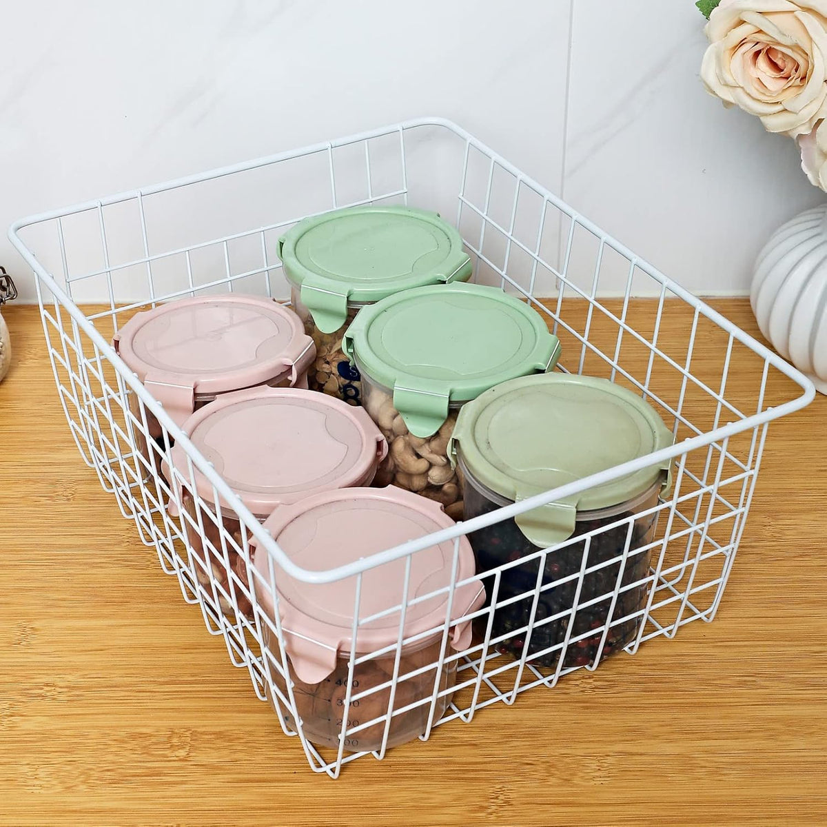 14" Upright Freezer Storage Baskets, Large White Wire Storage Bins Bakset for Freezer, Pantry, Bathroom Organizing, Set of 2