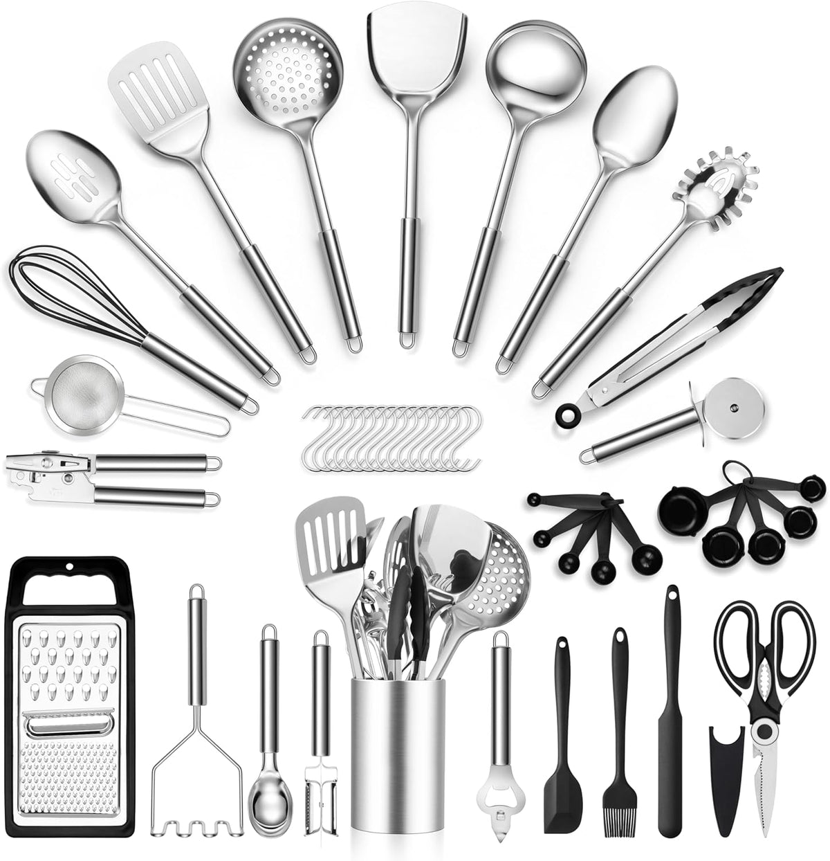 E-far Stainless Steel Kitchen Utensils Set, 39-Piece Cooking Utensils Set with Holder, Non-toxic Metal Heat Resistant Kitchen Gadgets Cookware Tool Spatula Set for Cooking, Dishwasher Safe
