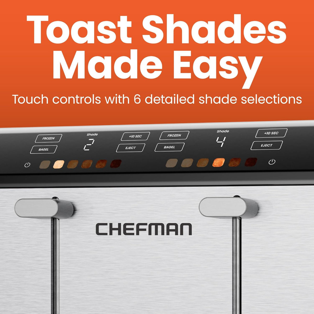 Chefman Smart Touch 4 Slice Digital Toaster, 6 Shade Settings, Touchscreen Bagel Toaster 4 Slice with Extra-Wide Slots, +10 Seconds, Defrost, Removable Crumb Tray – Stainless Steel