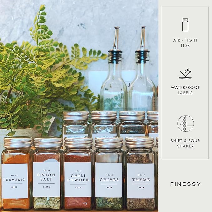 Glass Spice Jars with Labels with Metal Lids and Shakers Farmhouse 36 Pack Set, 4oz Small Clear Empty Spice Bottles Seasoning Containers with Label Organizer Square Herb Seasoning Jars for Kitchen