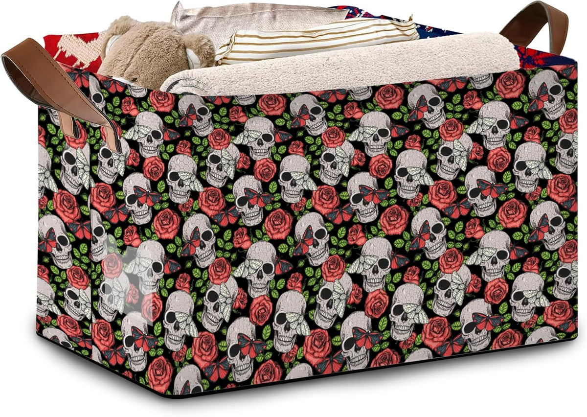 Skull Flower Pattern Collapsible Storage Bin-17x11.5x10.5 Inch Foldable Organizer for Halloween Decor, Gothic Room, Under Bed Storage-Single Pack