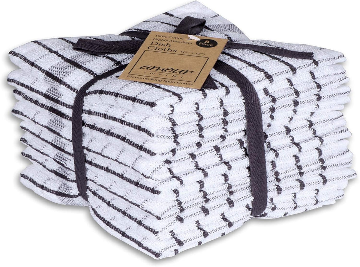 AMOUR INFINI Kitchen Dish Cloths Set of 8 - Ultra Soft, Highly Absorbent, Quick-Drying Terry Cotton Dishcloths 12"x12" Inch Wash & Cleaning Cloths for Kitchen & Dishwashing (D.Grey)