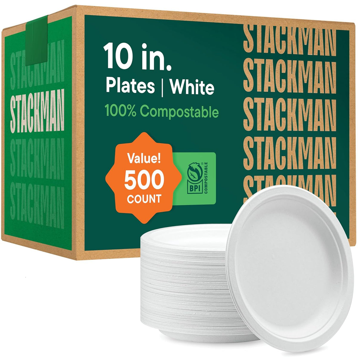 100% Compostable Paper Plates 10 Inch Bulk [500 Count] Heavy-Duty Dinner Plates - Natural White Color Unbleached Bagasse - Eco-Friendly Disposable Biodegradable Sugarcane Plates - [Case 4/125 Pack]