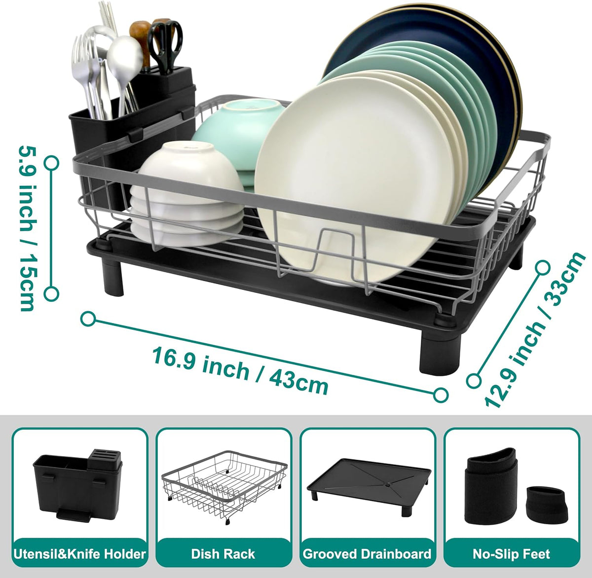 Dish Drying Rack for Kitchen Counter,Space-Saving Dish Rack with Drainboard,Rustproof Countertop Dish Drainer with Utensil Holder for Sink,Gray