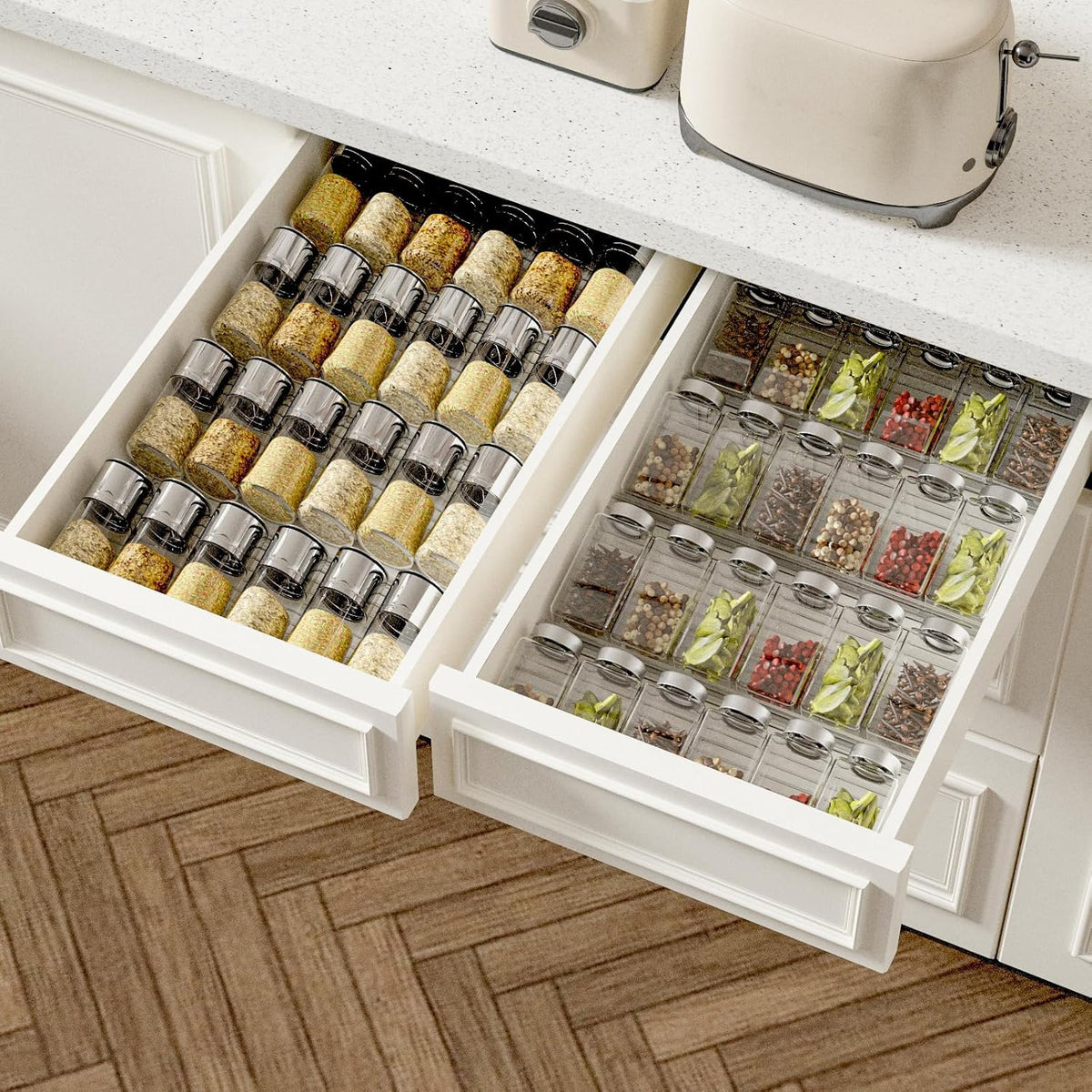 AMBIRD Spice Drawer Organizer, 4 Tier-2 Set Clear Spice Rack Tray Expandable From 11'' to 22'', Seasoning Organizer with non-slip tape for Kitchen, Cabinet, Drawers, Countertop(JARS NOT INCLUDED)