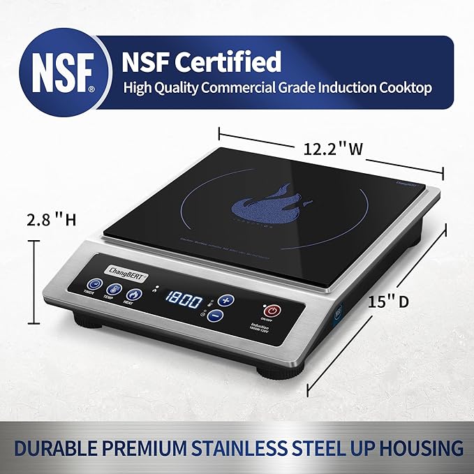 ChangBERT Induction Cooktop, Commercial Grade Portable Cooker, Large 8” Heating Coil, Premium Stainless Steel Countertop Burner with NSF Certified, 10 Hours Timer Powerful 1800W Professional Hot Plate