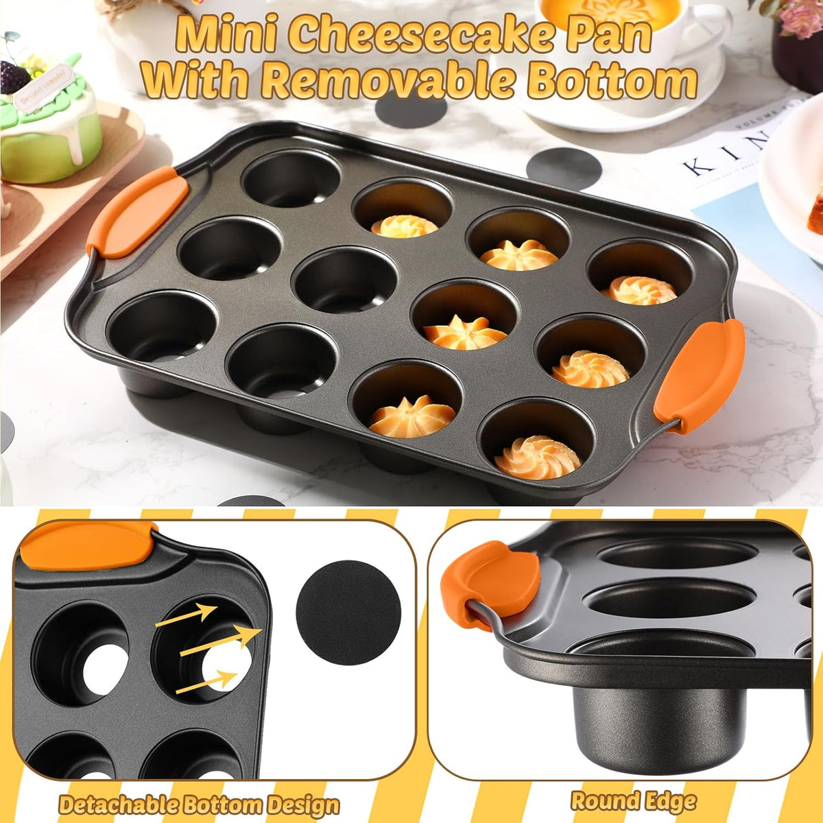 Uiifan 3 Pack Mini Cheesecake Pans Removable Bottom 12 Cavity Mini Cupcake Pan with Silicone Handle Nonslip Anti Heat Nonstick Carbon Steel Muffin Mold 13" x 8" Baking Molds(Orange)