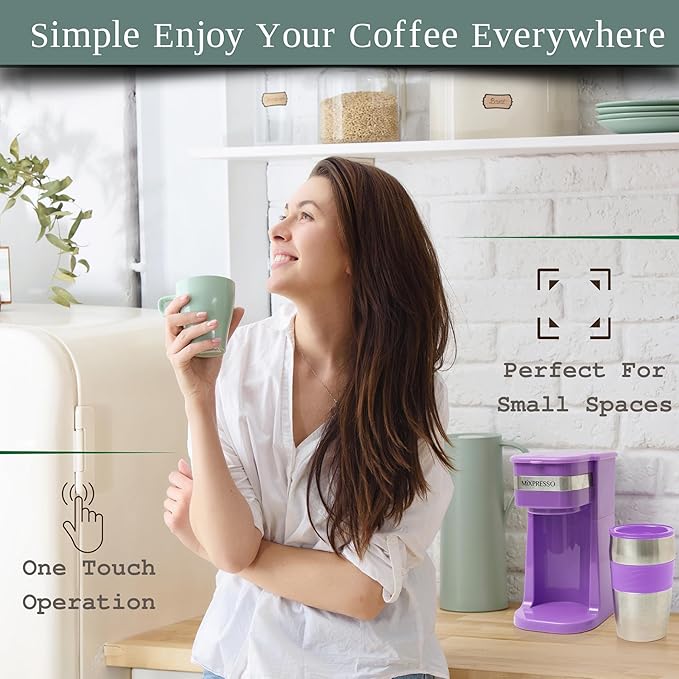 Mixpresso Purple Personal Single Serve Coffee Maker with 14oz Travel Mug, Drip Small Coffee Maker with Auto Shut Off, Reusable Filter, Works with Ground Coffee Only – Not for K-Cup Pods