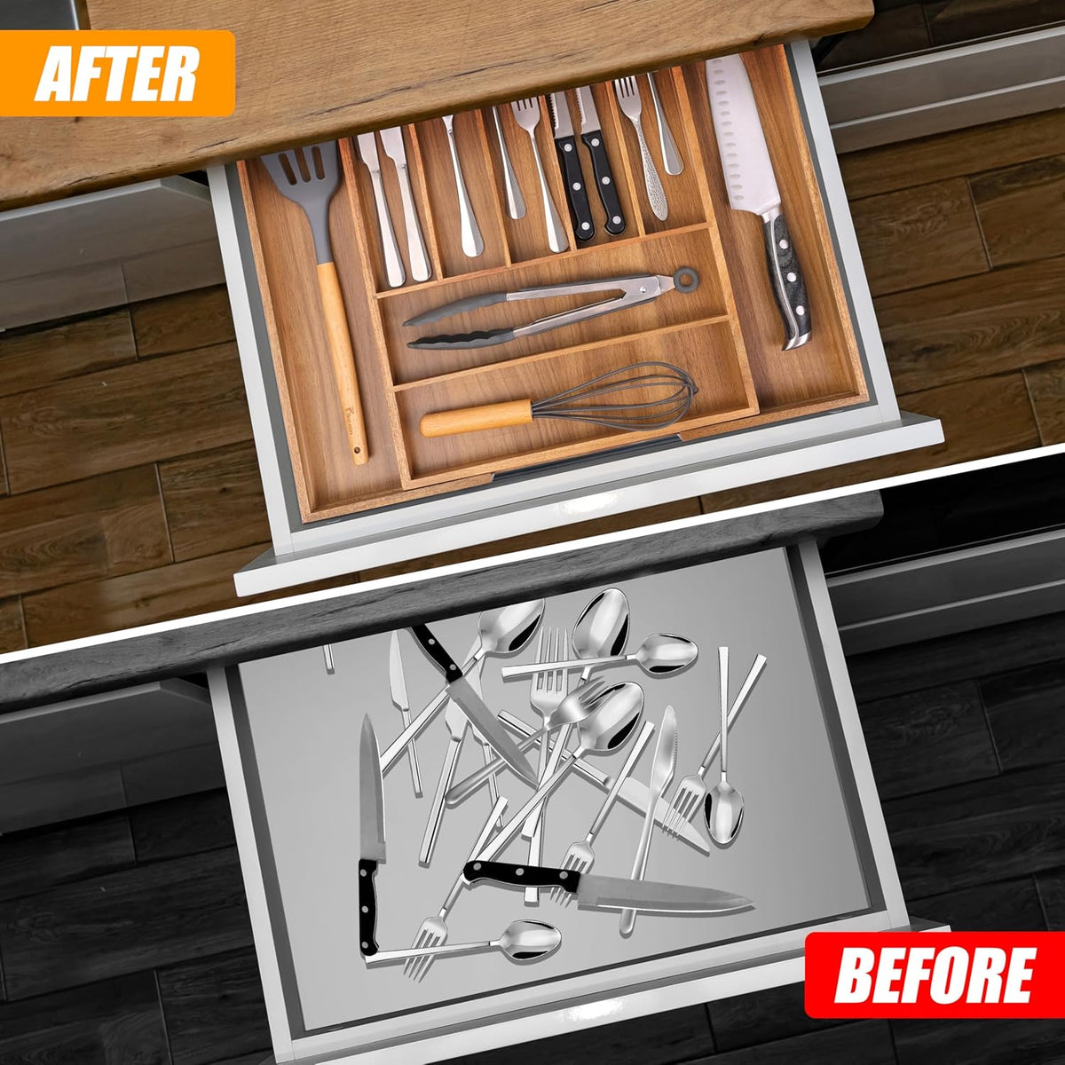 Bellsal Large Premium Acacia Wood Silverware Organizer - Expandable Utensil Drawer Organizer - 17"x19.6" Utensil Holder and Cutlery Tray with Grooved for Kitchen Flatware Utensils(7-9 Slot, Acacia)