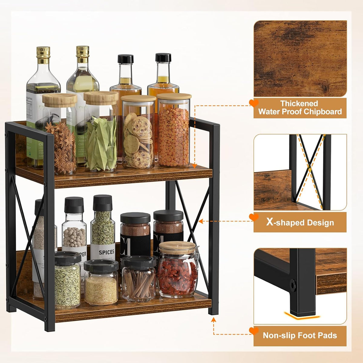Giikin Kitchen Countertop Organizer, 2 Tier Spice Rack Organizer for Pantry, Kitchen Counter Shelf Wood Coffee Station Organizer (Brown, M)