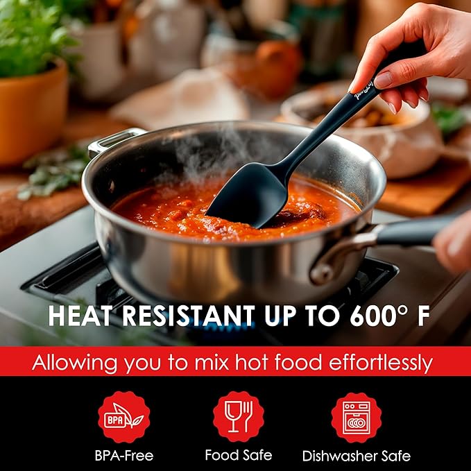 Silicone Spoon Spatula - 600ºF Heat-Resistant Non-Stick Rubber Spoonula | Use as Silicone Kitchen Scraper Utensil - Baking and Cooking Strong Stainless Steel Core | UpGood Kitchen Utensils, (Black)