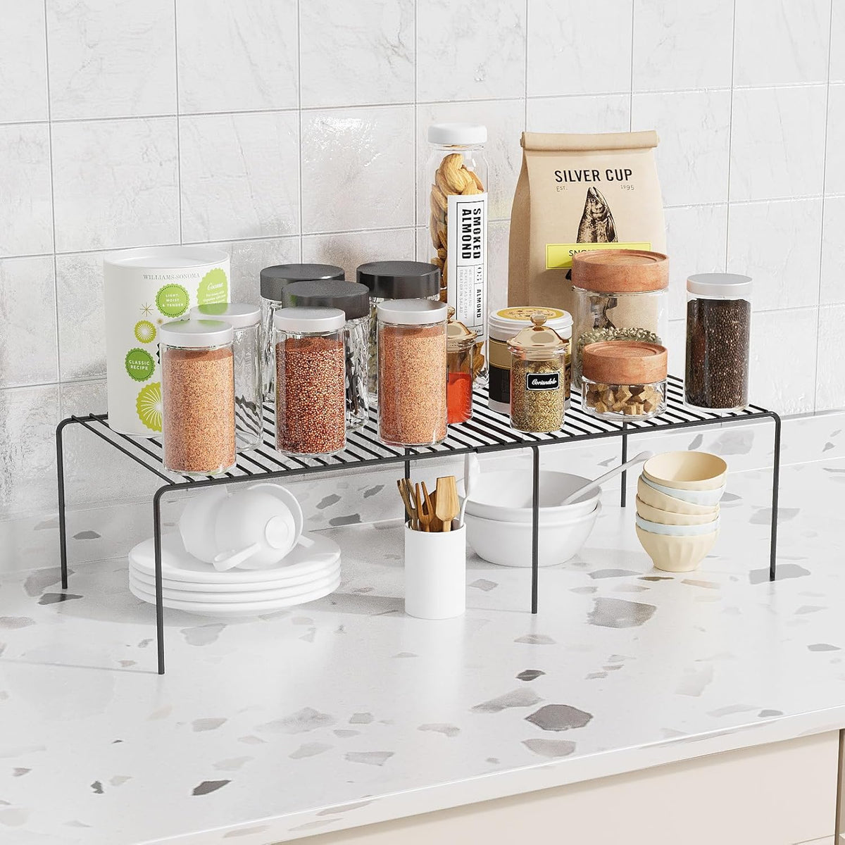 Expandable Storage Shelf, Pantry Organizers and Storage, Adjustable Rustproof Metal Wire Spice Rack, Space Saver Kitchen Storage Shelves for Pan, Pot, Countertop, Drawer, Fridge, Set of 2, Black