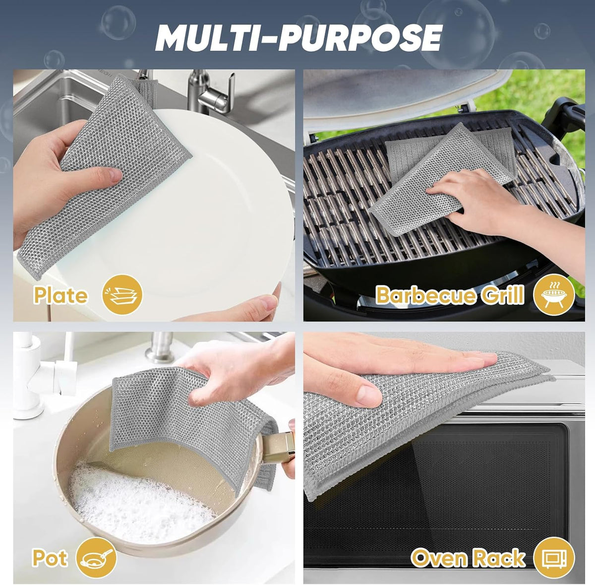 Orighty Multipurpose Wire Dishwashing Rag 24 Pcs, Upgraded Double-Layer Non-Scratch Wire Dish Cleaning Cloths, Reusable Steel Scrubber for Kitchen, Powerful Dishcloth Rag for Cookware, Grey, 7"x8"