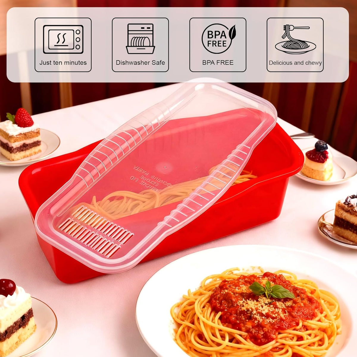 Microwave Pasta Pot with Strainer Lid & Measuring Cup Clip Quickly Cook 1-4 Servings-No Mess, Sticking or Waiting For Boil, Pasta Cooker in Microwave for Dorm Kitchen Office College Essential