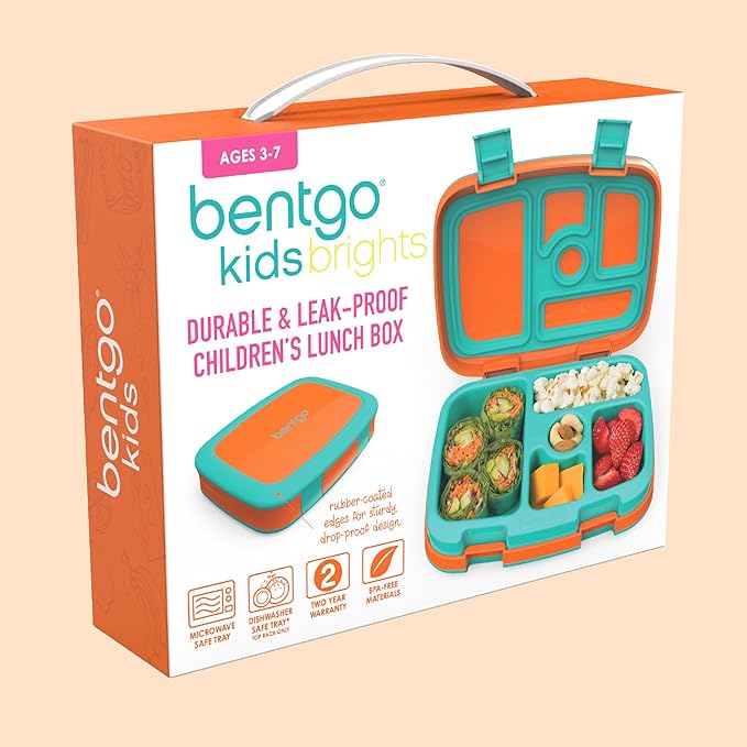 Bentgo Kids Bento-Style 5-Compartment Leak-Proof Lunch Box - Ideal Portion Sizes for Ages 3 to 7 - Durable, Drop-Proof, Dishwasher Safe, PFAS & BPA-Free & Made with Food-Safe Materials (Orange)