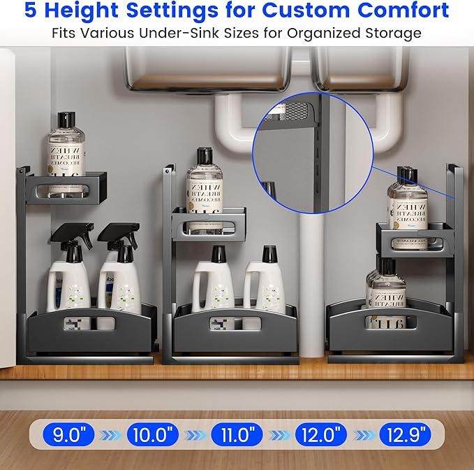 Under Sink Organizer,2 Pack Height Adjustable Under Sink Organizers and Storage, 2 Tier Under Sink Storage for Kitchen Bathroom Cabinet