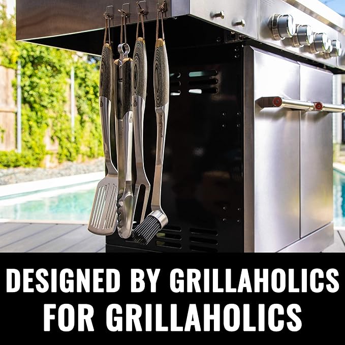 Grillaholics Premium BBQ Grill Tools – The Ultimate Grilling Gift for Dad - Luxury 4-Piece Barbecue Utensils Grill Set with Wooden Gift Box
