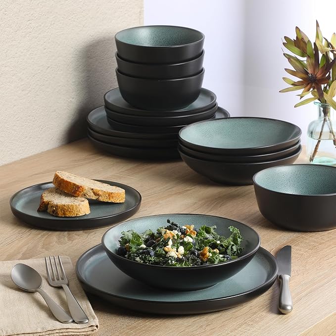 Gibson Elite Tribeca Loft 16-Piece Dinnerware Set – Matte Black and Green Reactive Glaze Stoneware, Double Bowl Round Plates and Bowls – Modern Rustic Tableware for 4, Dishwasher & Microwave Safe