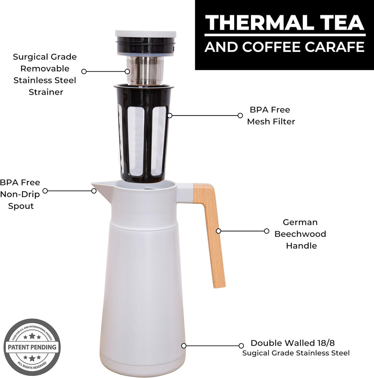 Hastings Collective Thermal Coffee Carafe 68 Oz - Large Stainless Steel Insulated Carafe - 2 Liter Double Walled Vacuum Thermos Coffee and Beverage Dispenser with Tea Infuser and Strainer (Gray)