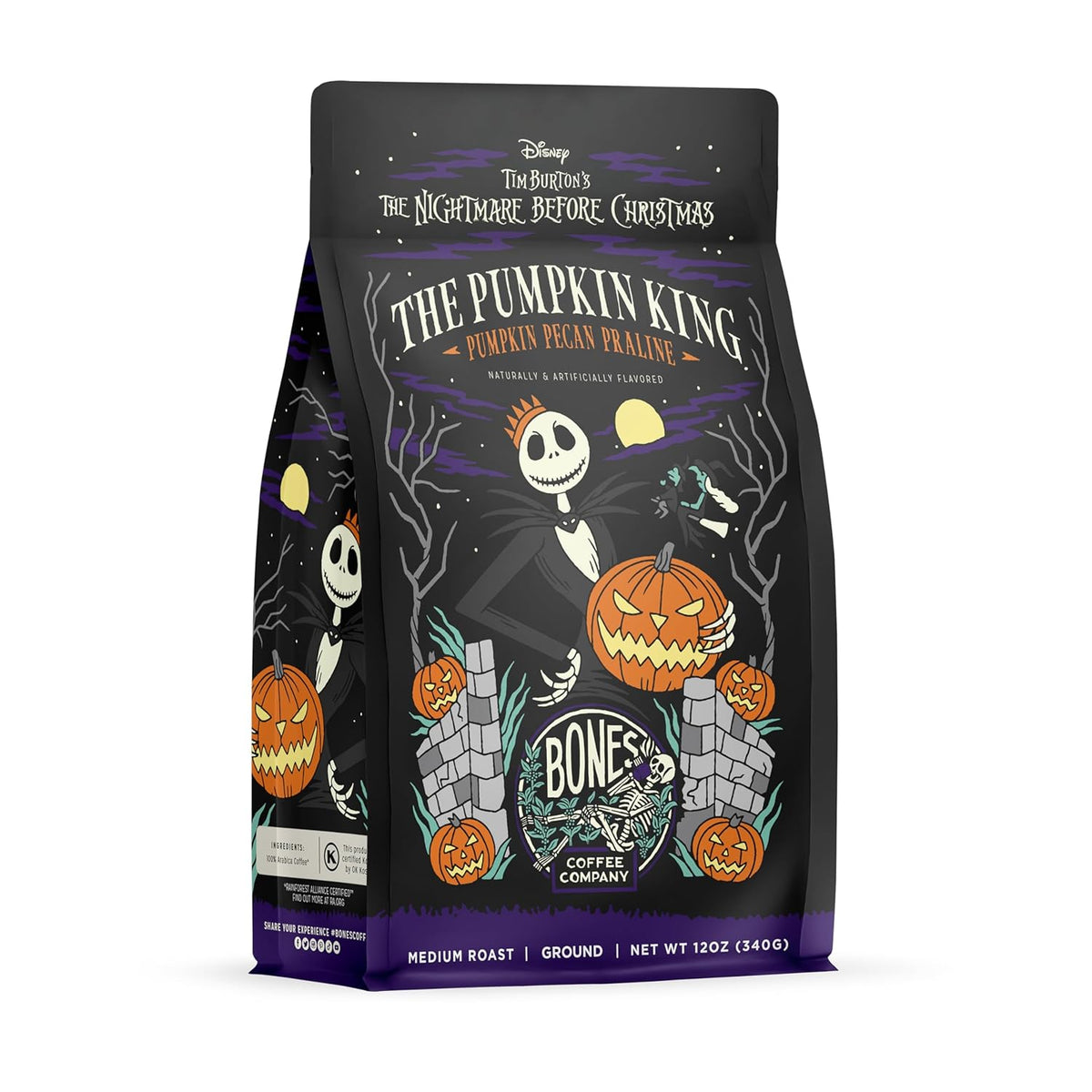 Bones Coffee Company The Nightmare Before Christmas Pumpkin King Flavored Coffee Beans, Medium Roast Ground Coffee Low Acid, Pumpkin Pecan Praline Flavor (12 oz)