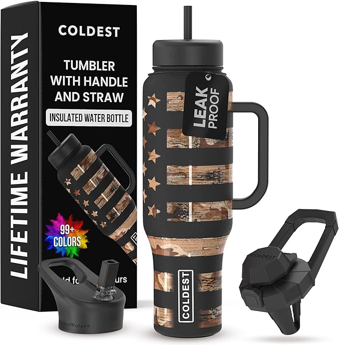 Coldest Tumbler with Handle and Straw, 100% Leak Proof Insulated Tumbler with Lid and Straw (3 Lids), Stainless Steel Tumblers for Women & Men, Cup Holder Friendly, 46 oz (Camouflage Flag)