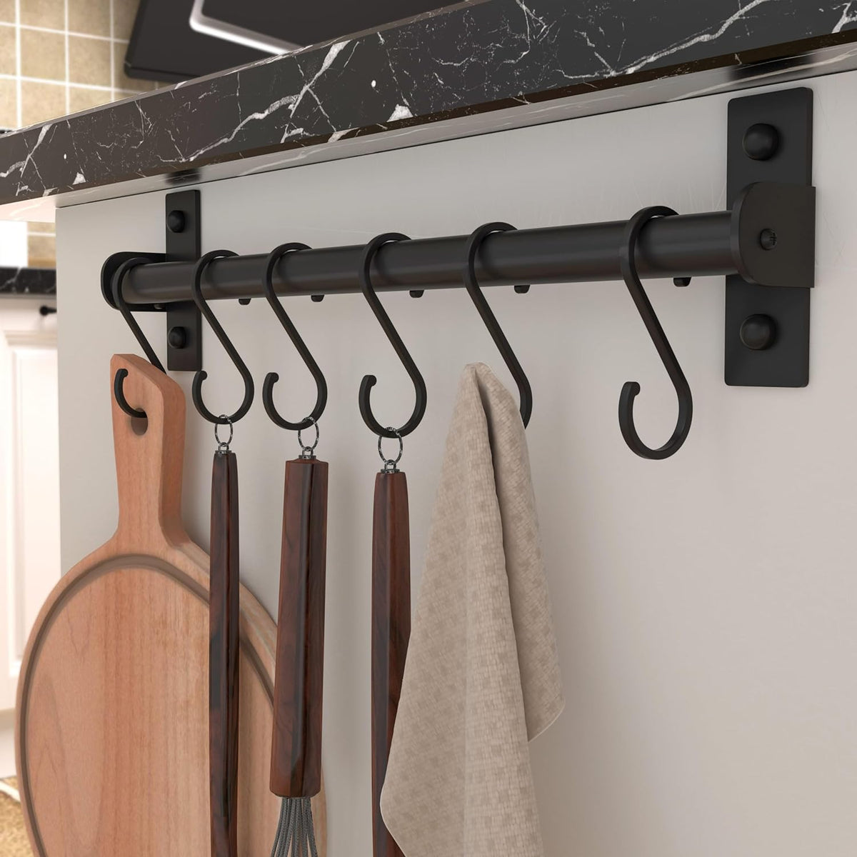 Dseap Kitchen Utensil Holder Hanger, Pot and Pan Rack Wall Mounted, Kitchen Rail with 8 Hooks for Hanging Cooking Utensils, Mugs, Spoons, Wall Mounted, Black