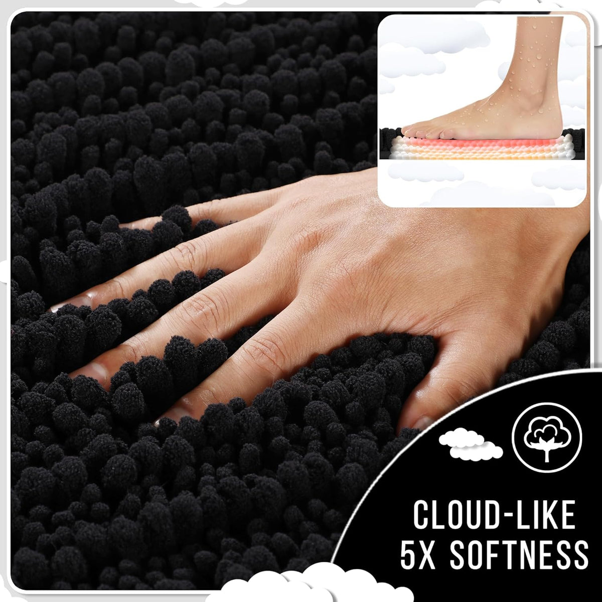 Yimobra Bathroom Runner Rug 55x24 Inch - Extra Long Non Slip Chenille Bath Mat, Soft & Absorbent, Machine Washable Shaggy Hallway Carpet for Vanity Tub Shower, Black Home Decor Accessories