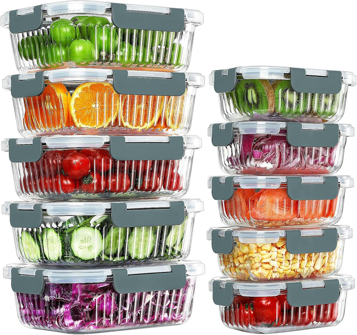 KOMUEE 10 Packs Glass Meal Prep Containers with Lids, Glass Food Storage Containers Set, Airtight Lunch Containers, Microwave, Oven, Freezer and Dishwasher Safe, Gray