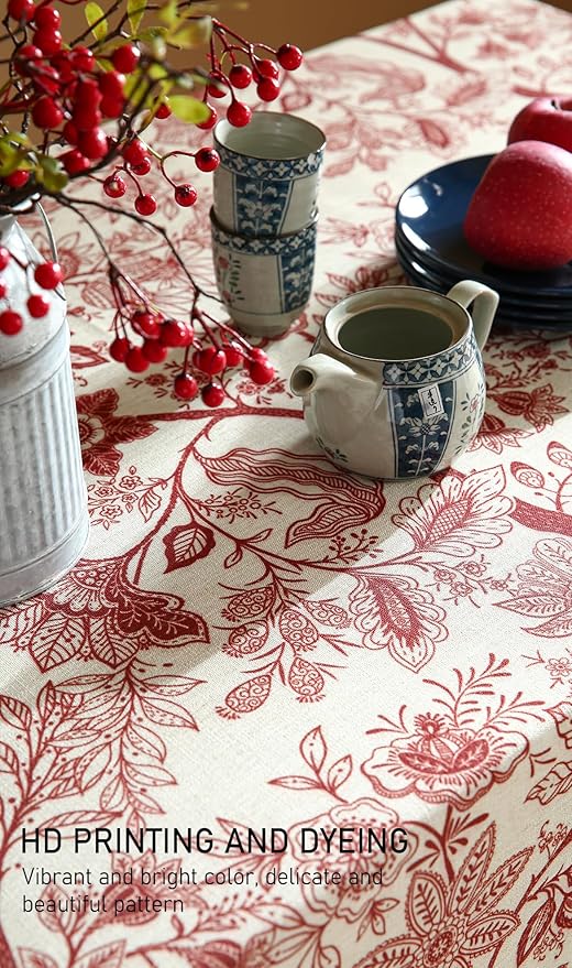 ISAENNE Designer French Linen Extra Long Rectangle Tablecloth,Red Floral Washable Indoor Table Cloth,Durable Home Decor Tablecloths for Dining Thanksgiving Kitchen Party,63"*110"-Ruyi A