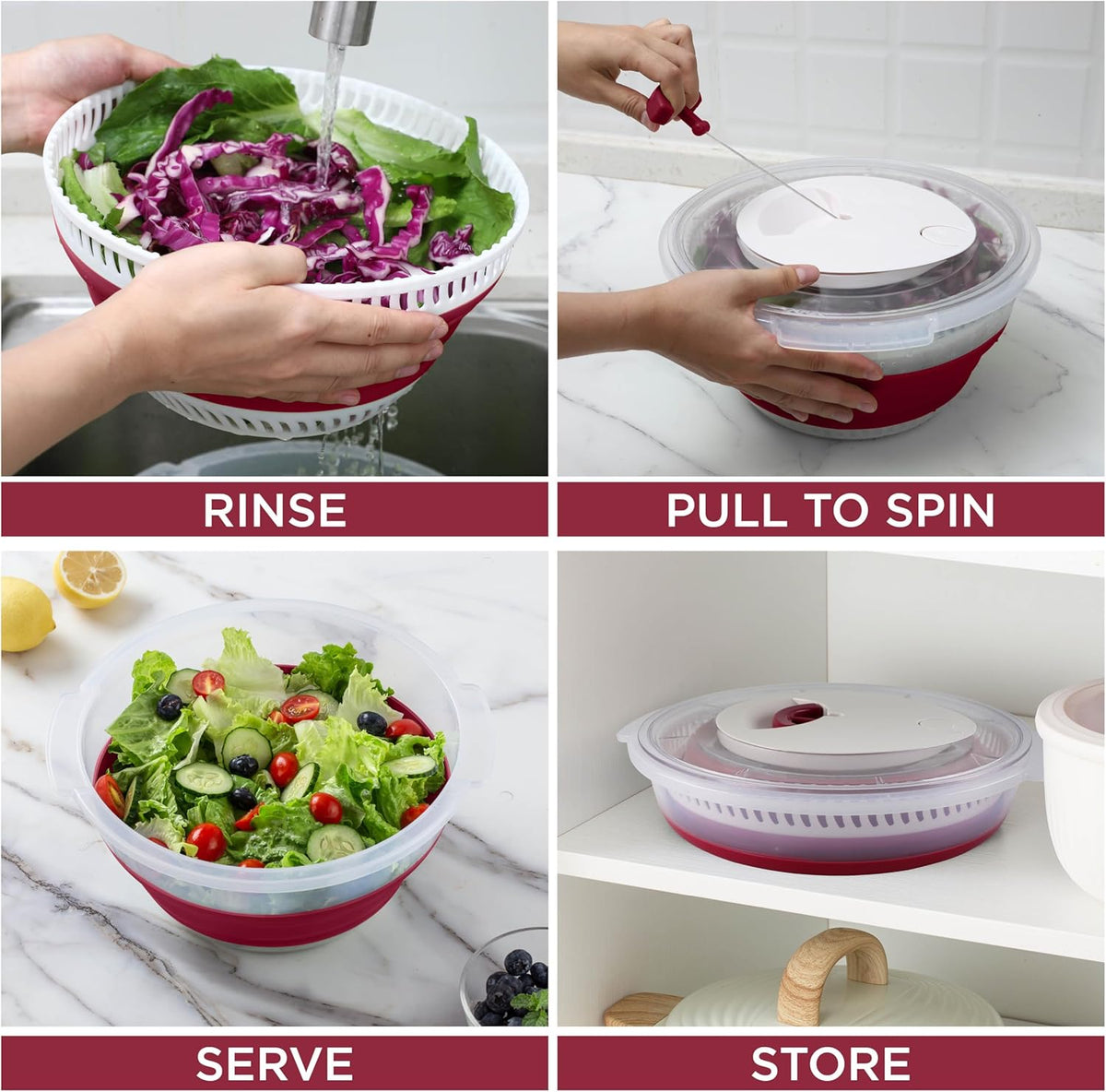 COOK WITH COLOR Collapsible Salad Spinner - 4 QT Space Saving Lettuce Dryer with Folding Collapsible Colander Great for Washing and Drying Fruit and Vegetables (Rose)