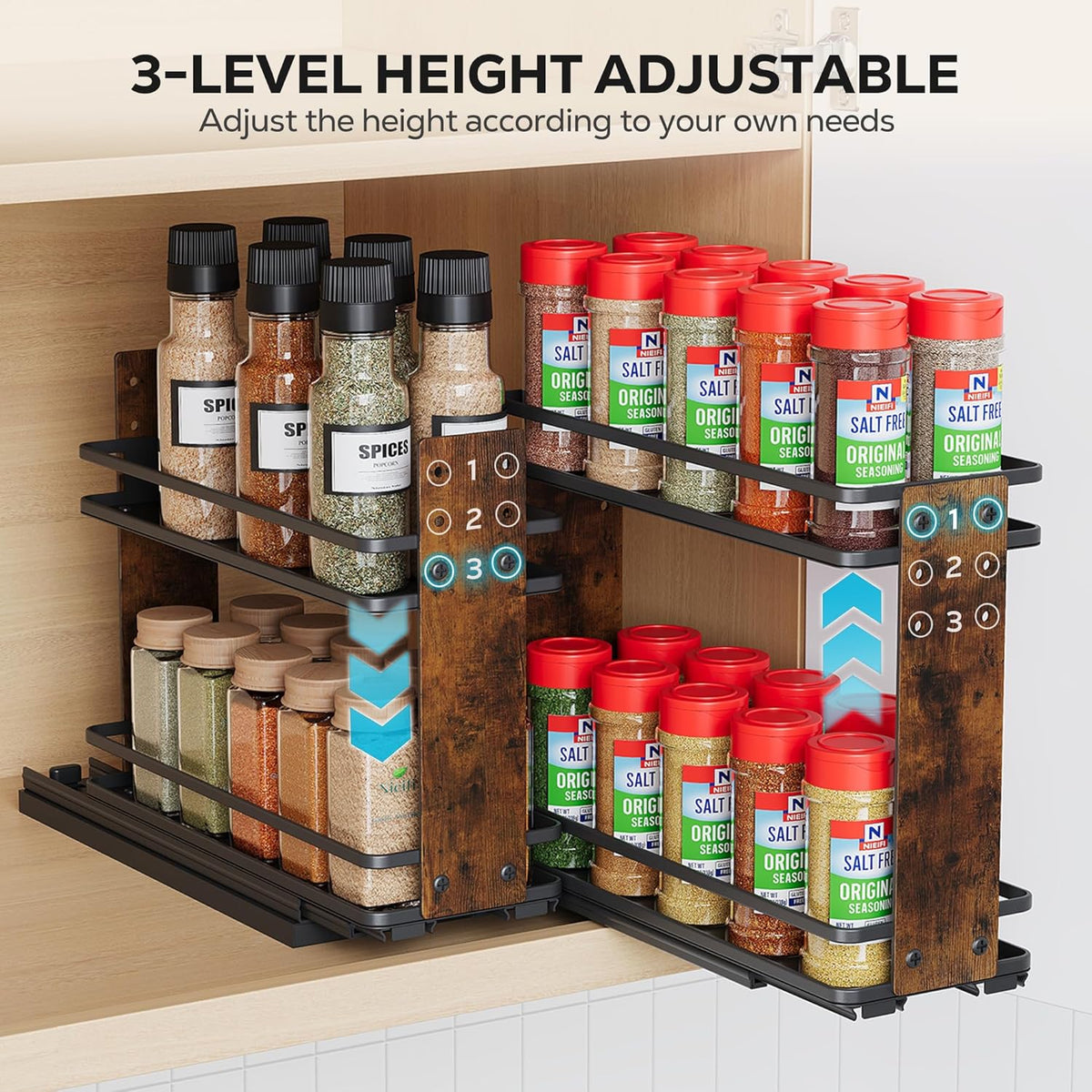 Nieifi Pull Out Spice Rack Organizer, 2 Tiers, Wood Grain, Spice Organization for Cabinet, Height Adjustable, Easy to Install
