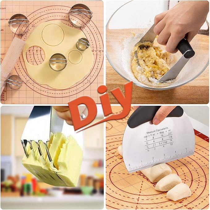 Biscuit Cutter,Pastry Cutter, Bench Scraper, Silicone Pastry Dough Baking Mat Set, Baking Tools and Accessories Kit
